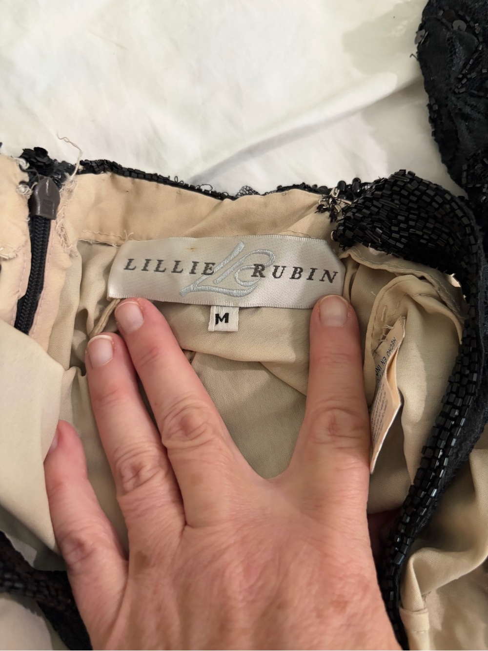 Lillie Rubin Black Beaded Backless Dress with Cream Lining